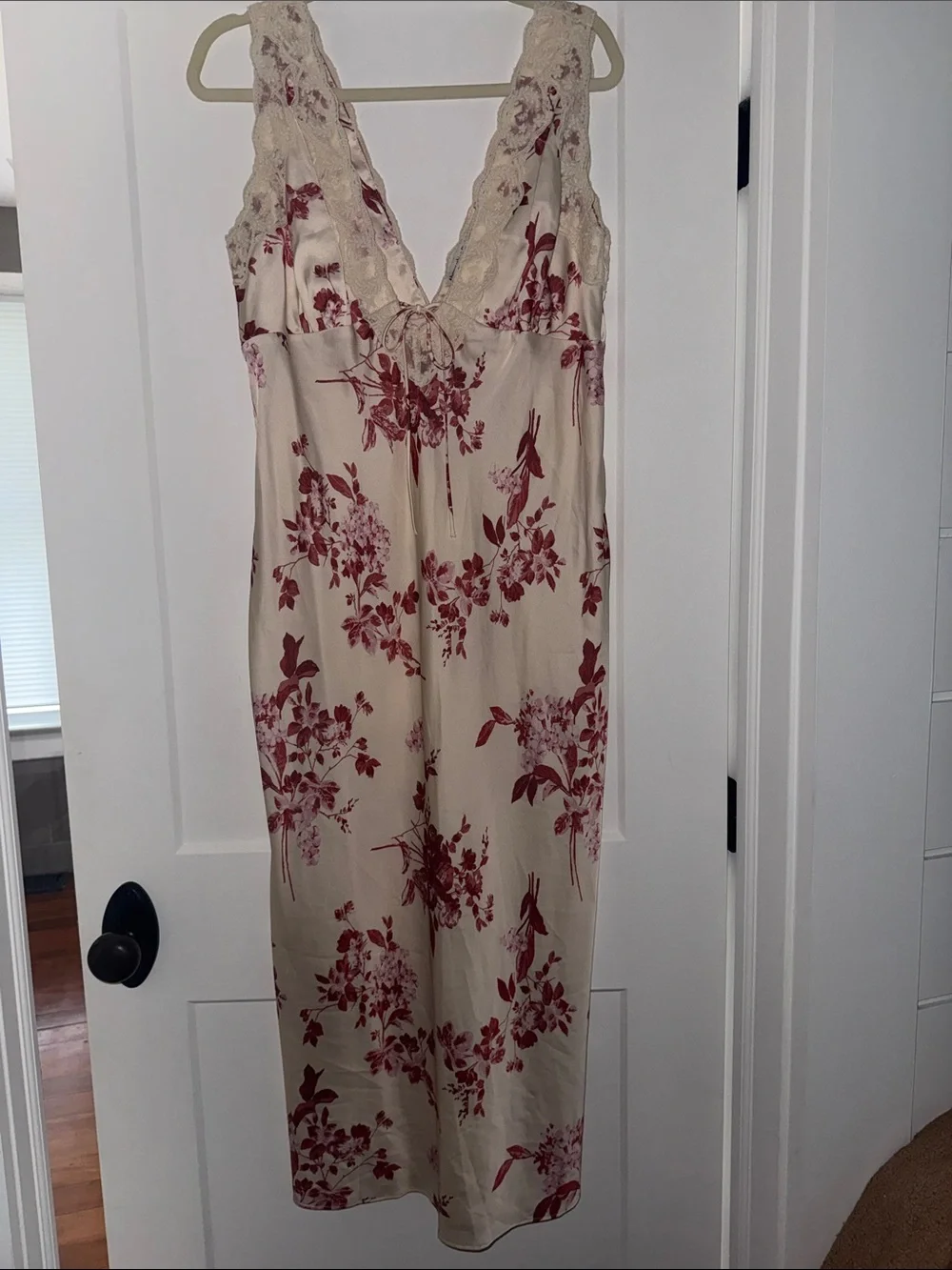Floral Lace-Trim Satin Maxi Dress - Cream with Dusty Rose Floral